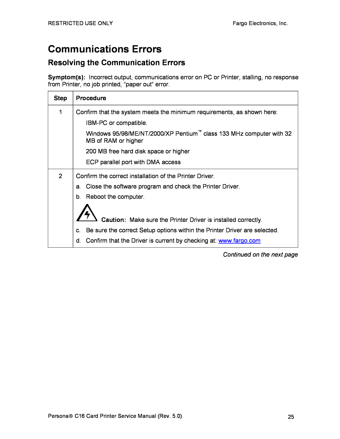FARGO electronic C16 service manual Communications Errors, Resolving the Communication Errors, Continued on the next page 