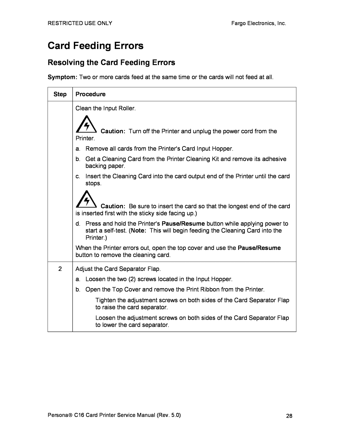 FARGO electronic C16 service manual Resolving the Card Feeding Errors 
