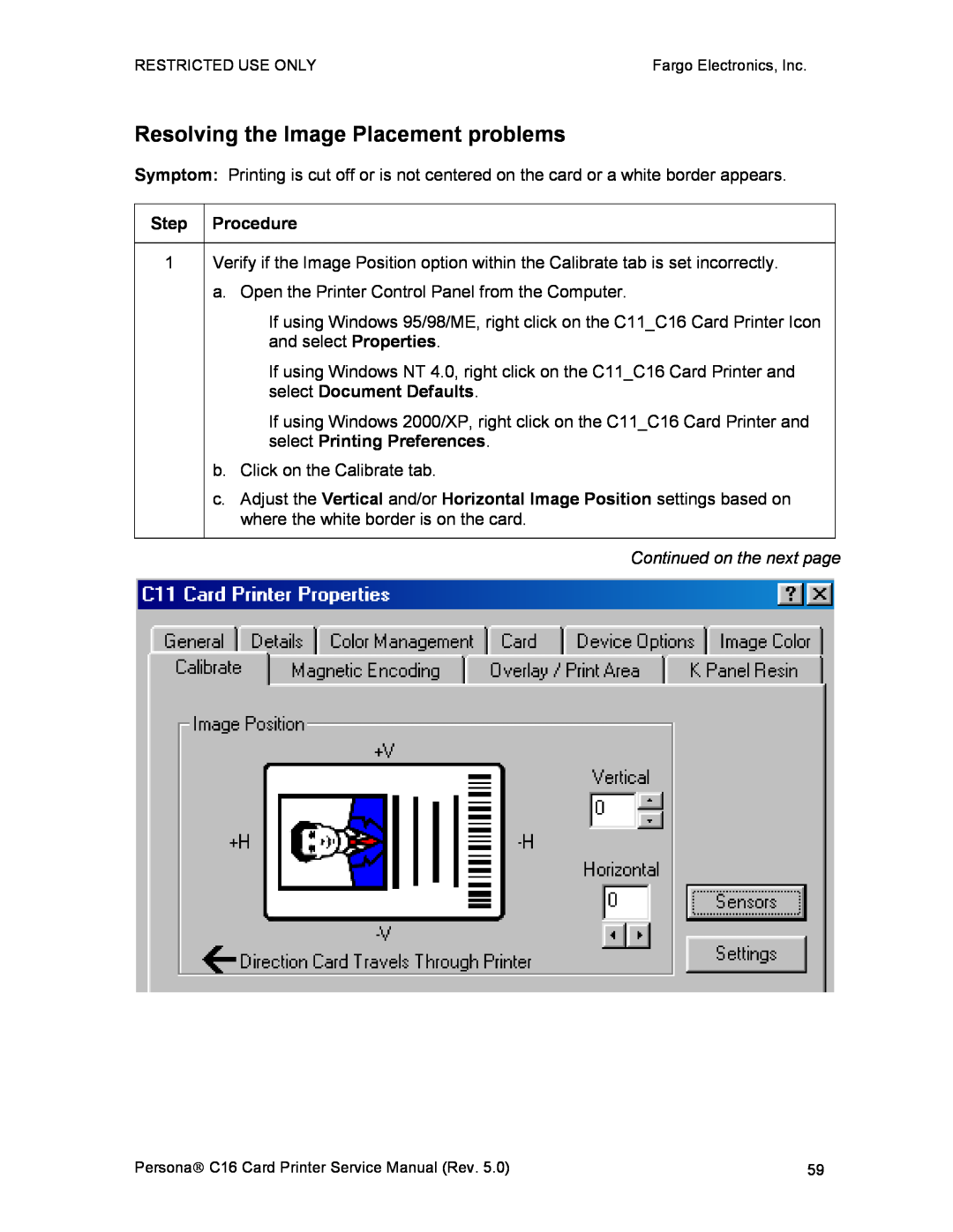 FARGO electronic C16 service manual Resolving the Image Placement problems, Step Procedure, Continued on the next page 