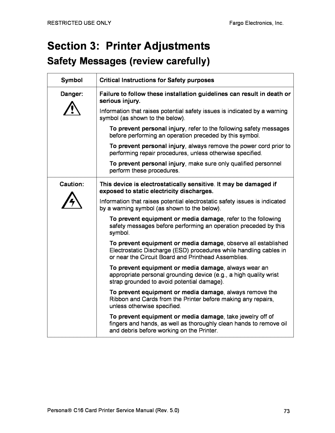 FARGO electronic C16 service manual Printer Adjustments, Safety Messages review carefully 