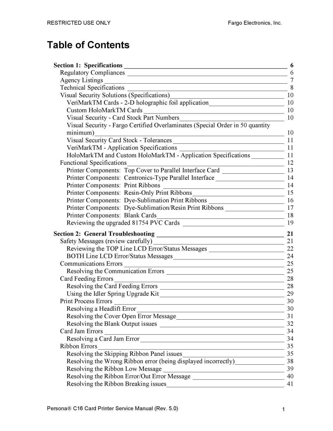 FARGO electronic C16 service manual Table of Contents 