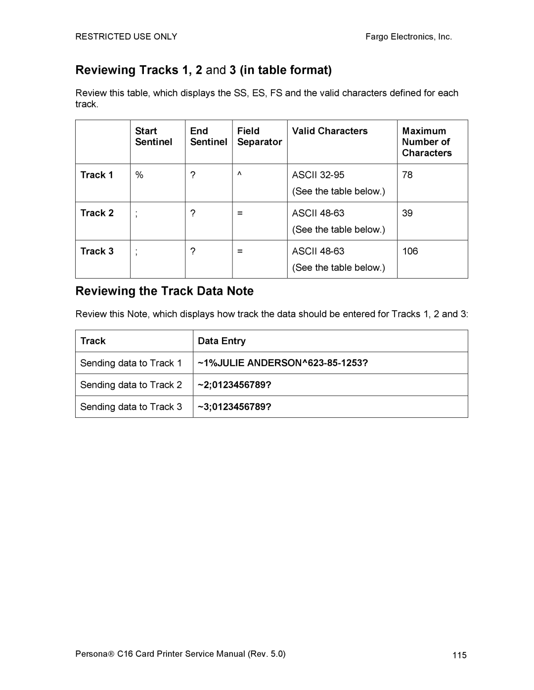 FARGO electronic C16 service manual Reviewing Tracks 1, 2 and 3 in table format, Reviewing the Track Data Note 