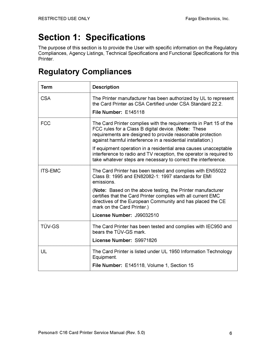 FARGO electronic C16 service manual Regulatory Compliances, Term Description, File Number E145118, License Number J99032510 