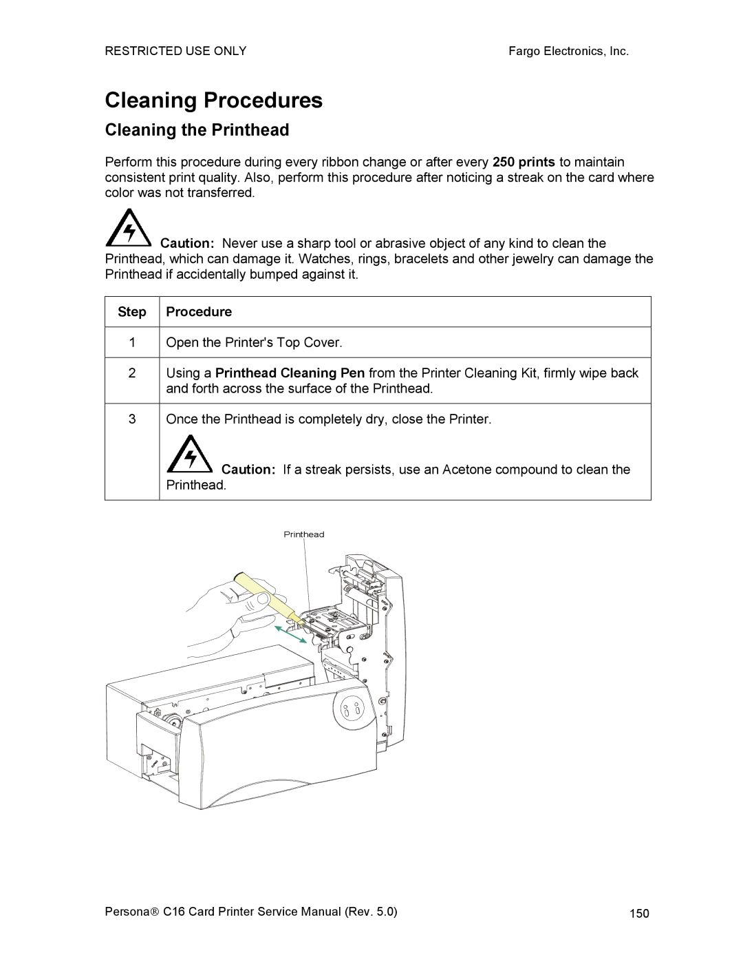 FARGO electronic C16 service manual Cleaning Procedures, Cleaning the Printhead 