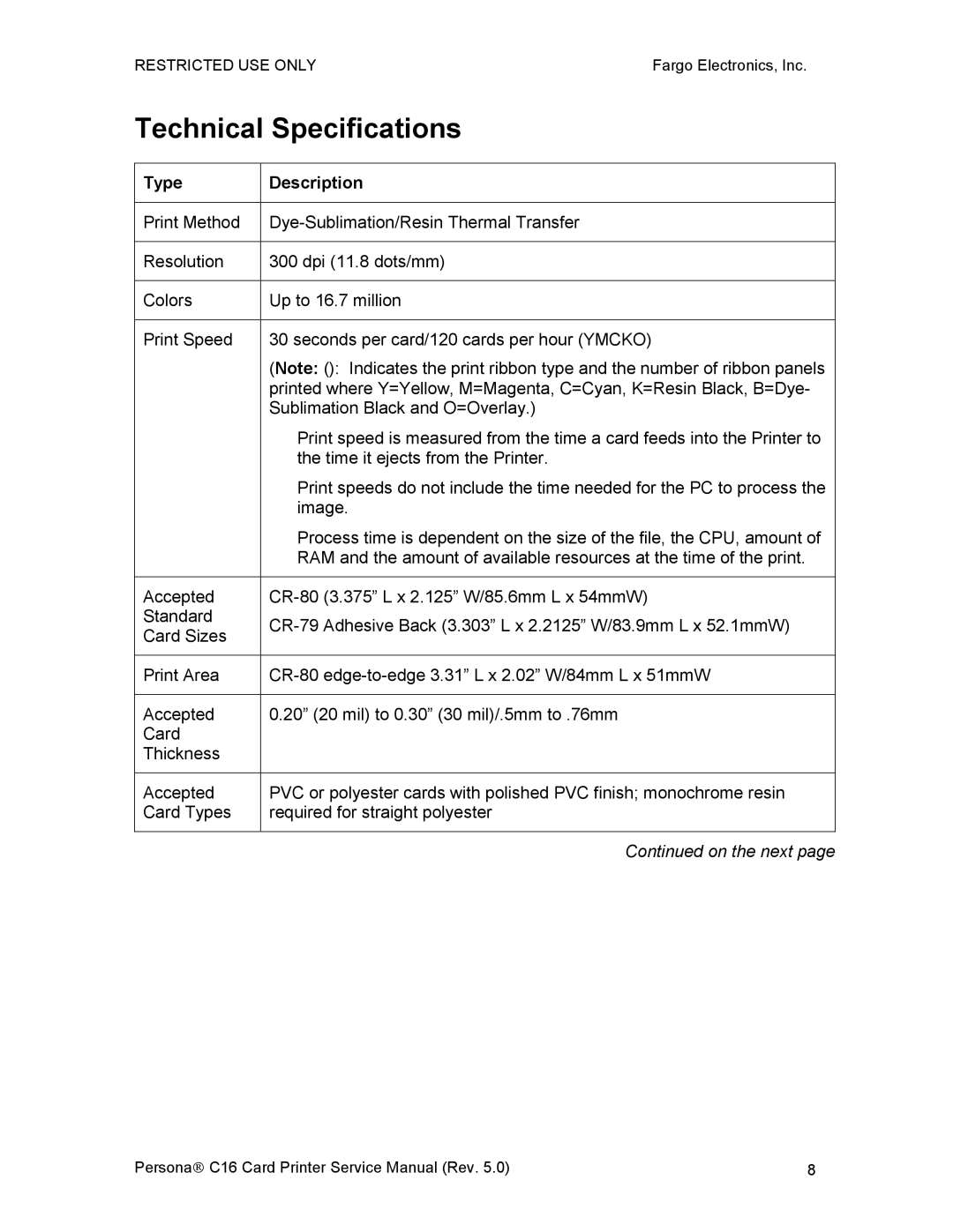 FARGO electronic C16 service manual Technical Specifications, Type Description 