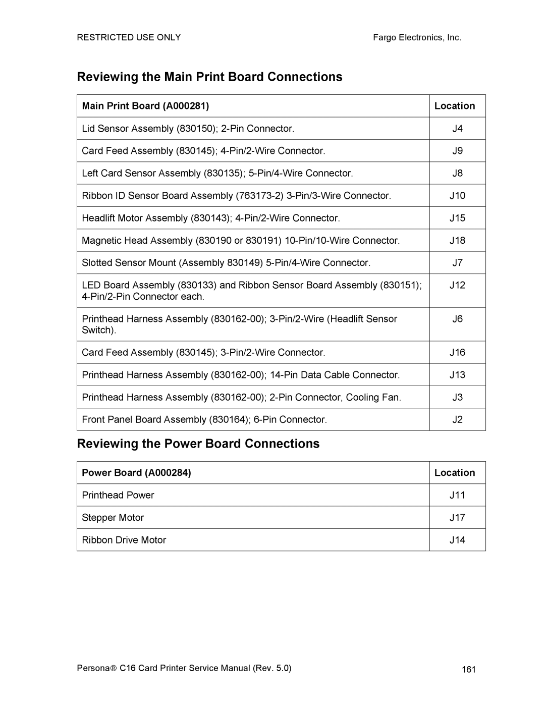 FARGO electronic C16 service manual Reviewing the Main Print Board Connections, Reviewing the Power Board Connections 