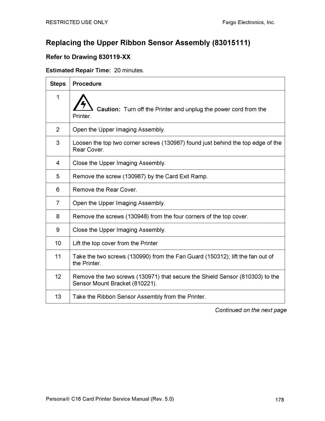 FARGO electronic C16 Replacing the Upper Ribbon Sensor Assembly, Estimated Repair Time 20 minutes Steps Procedure 