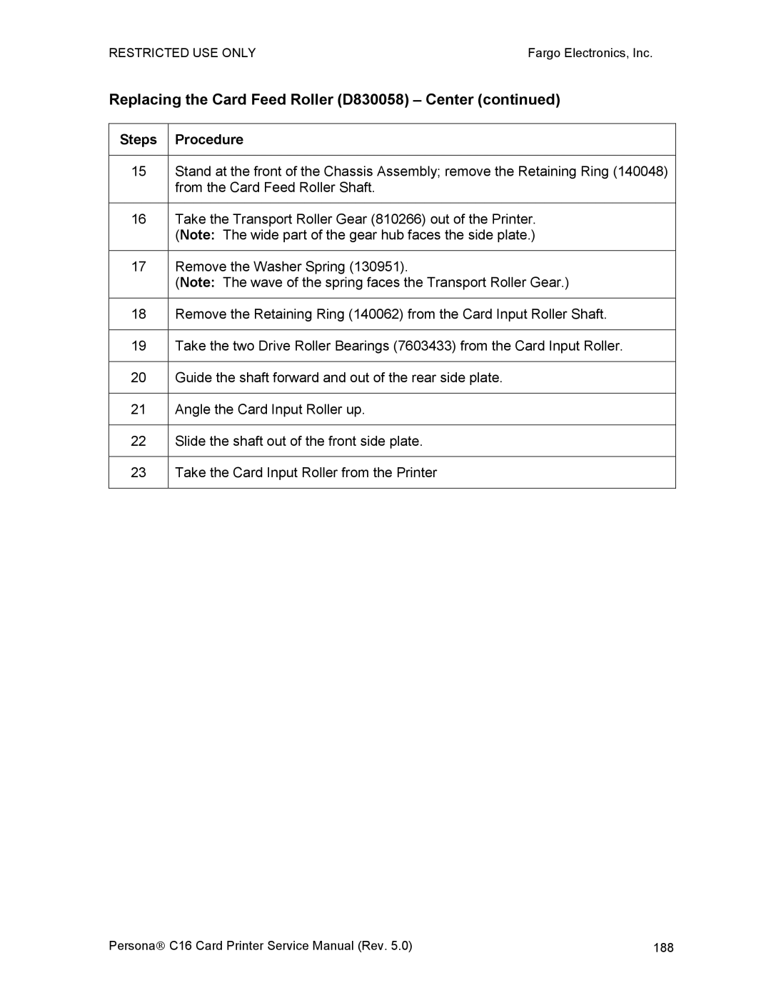 FARGO electronic C16 service manual Replacing the Card Feed Roller D830058 Center 