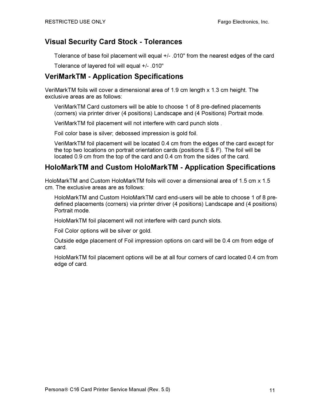 FARGO electronic C16 service manual Visual Security Card Stock Tolerances, VeriMarkTM Application Specifications 