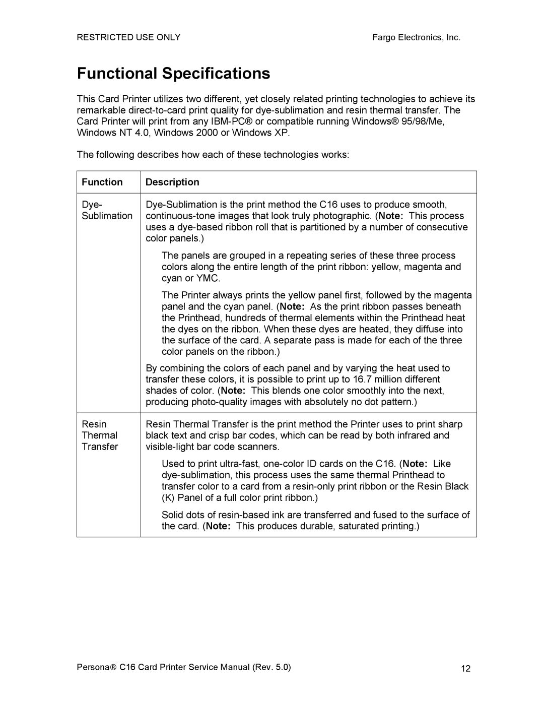 FARGO electronic C16 service manual Functional Specifications, Function Description 