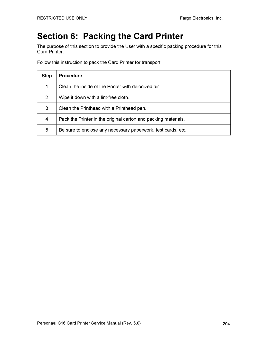 FARGO electronic C16 service manual Packing the Card Printer 