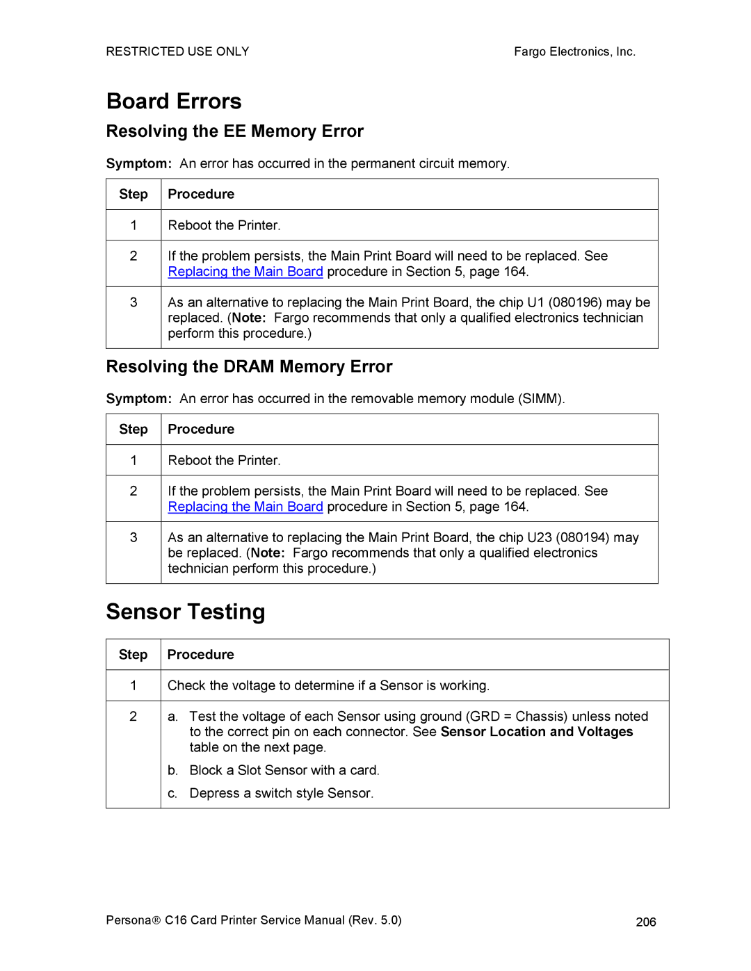 FARGO electronic C16 Board Errors, Sensor Testing, Resolving the EE Memory Error, Resolving the Dram Memory Error 