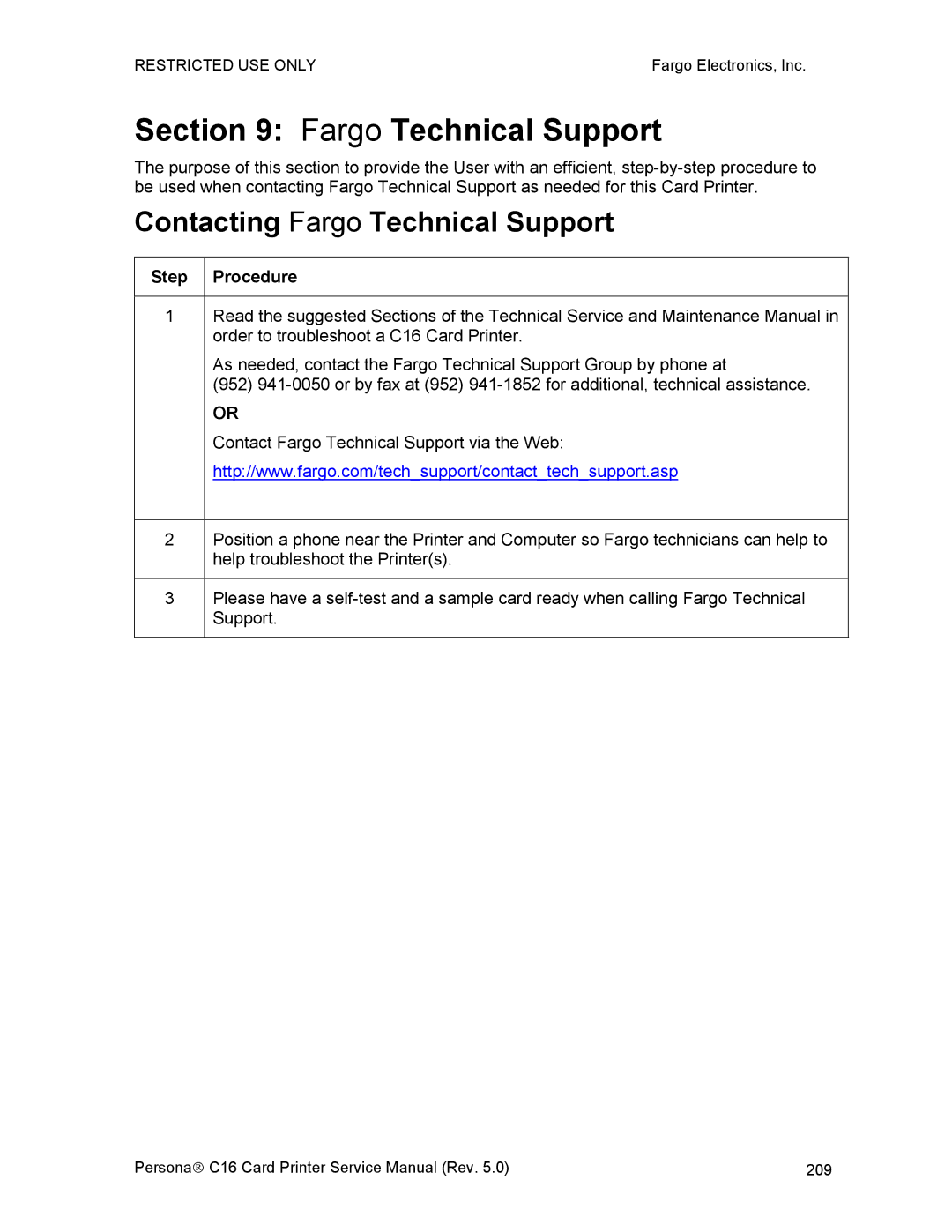 FARGO electronic C16 service manual Contacting Fargo Technical Support 