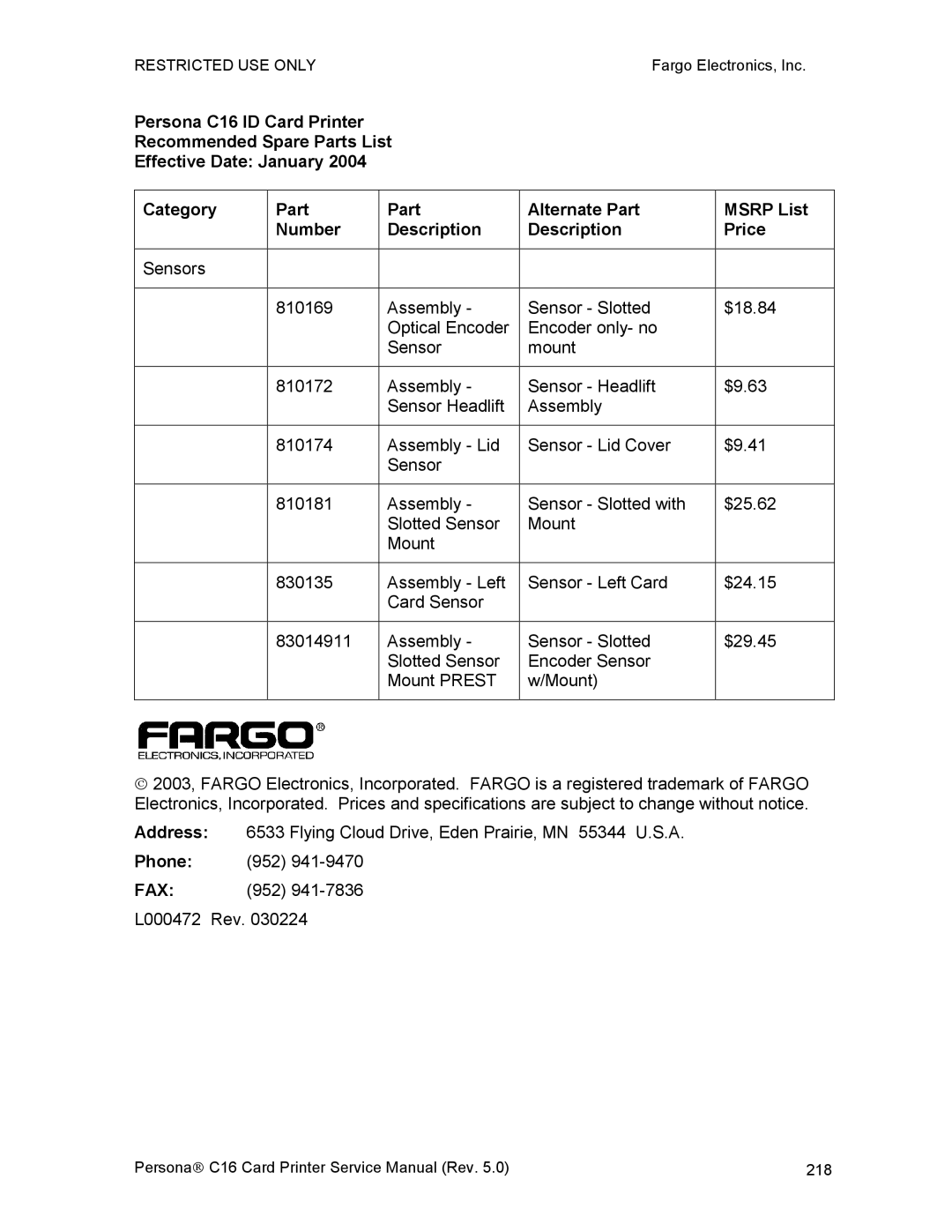 FARGO electronic C16 service manual 218 