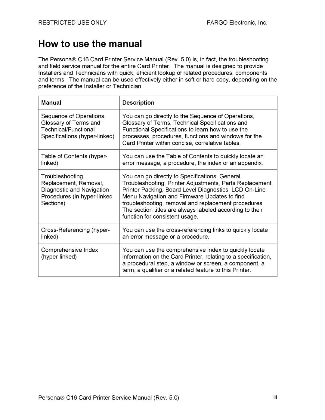 FARGO electronic C16 service manual How to use the manual, Manual Description 