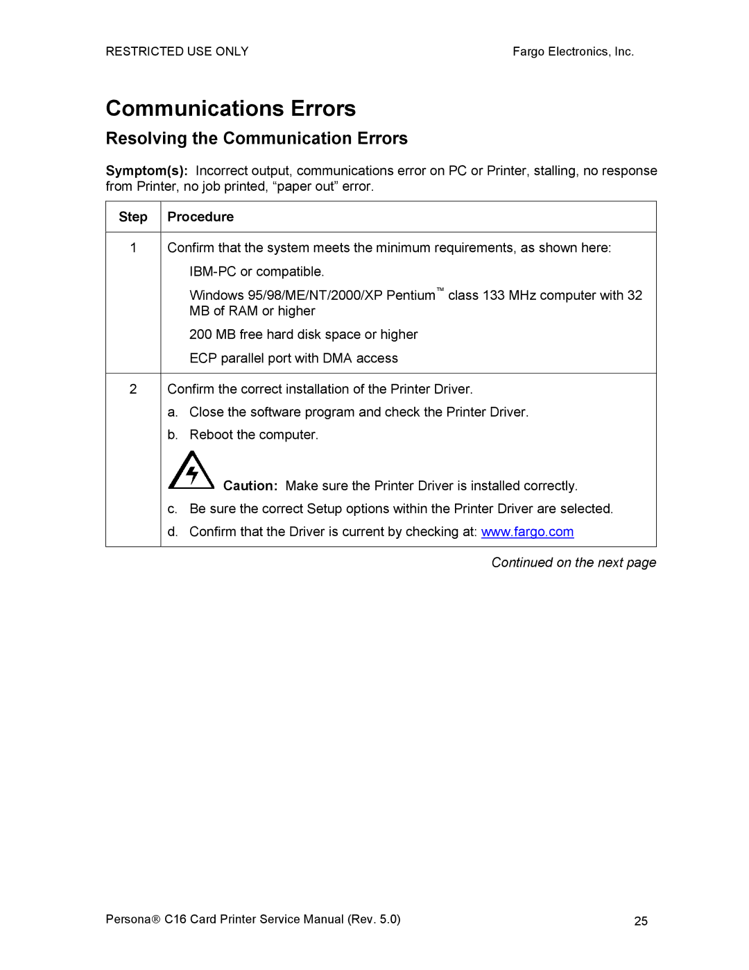 FARGO electronic C16 service manual Communications Errors, Resolving the Communication Errors 