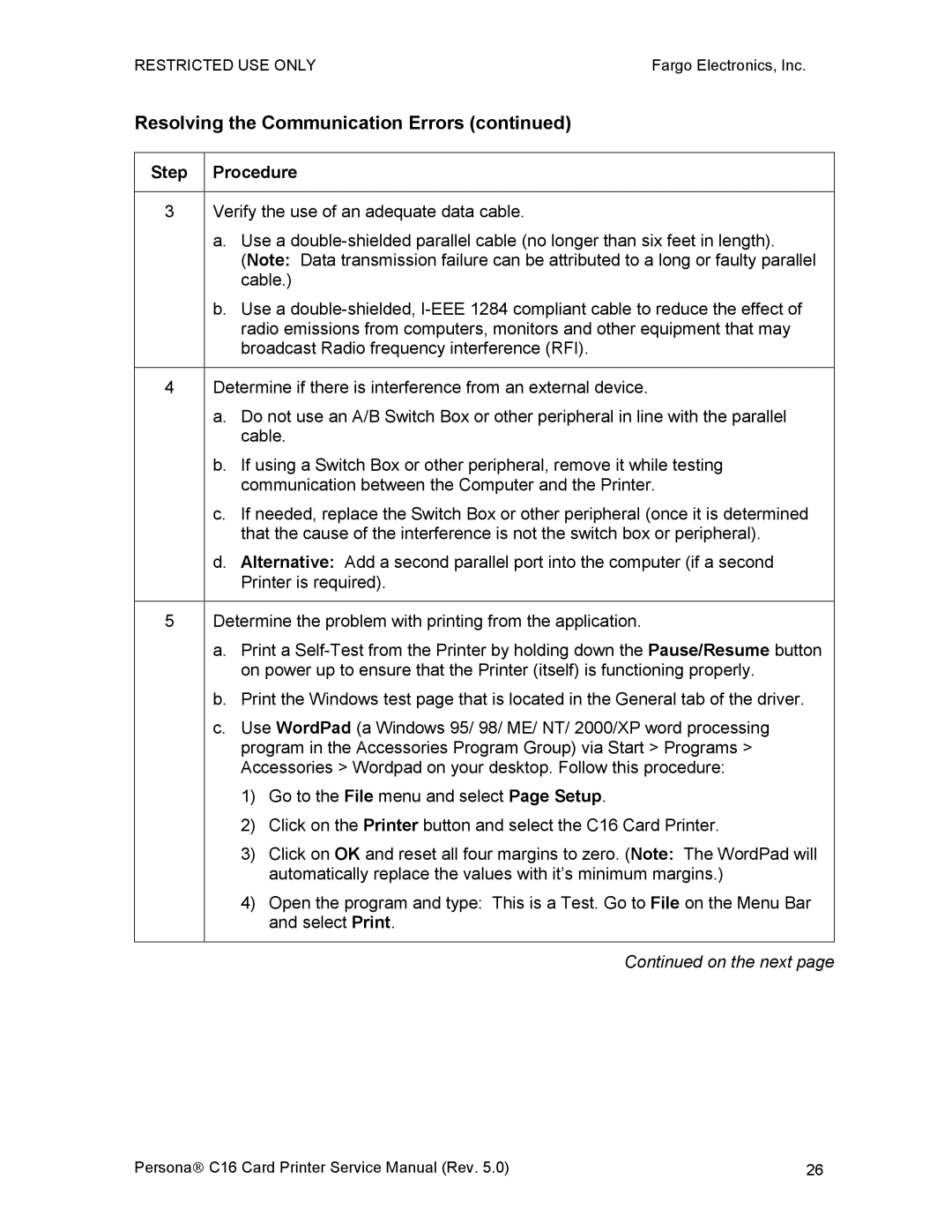 FARGO electronic C16 service manual Resolving the Communication Errors 