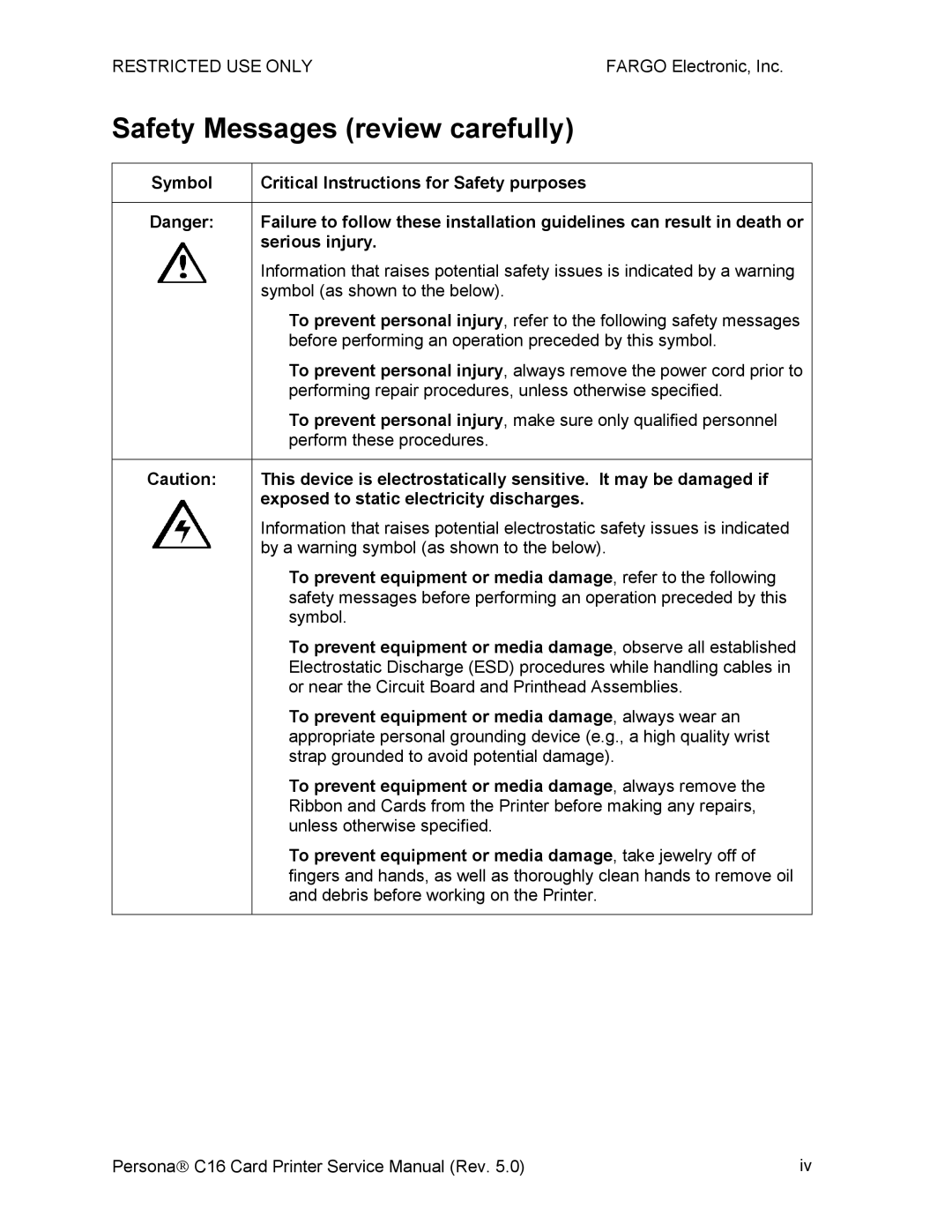 FARGO electronic C16 service manual Safety Messages review carefully, Exposed to static electricity discharges 