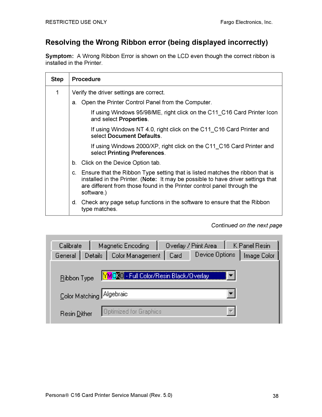 FARGO electronic C16 service manual Resolving the Wrong Ribbon error being displayed incorrectly 