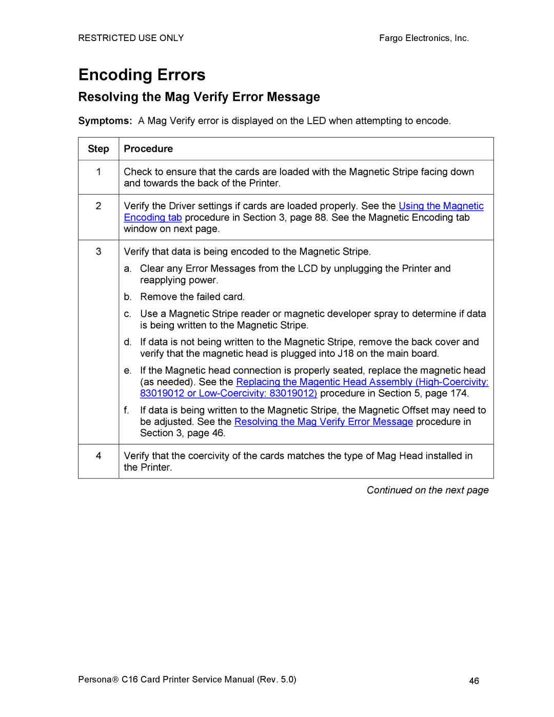 FARGO electronic C16 service manual Encoding Errors, Resolving the Mag Verify Error Message 