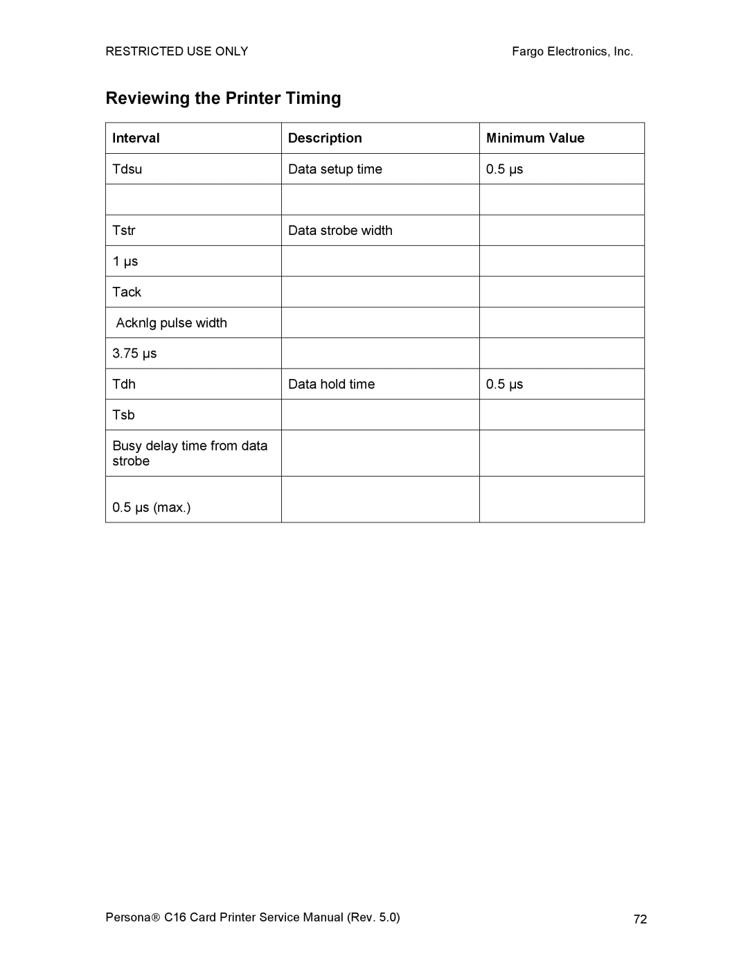 FARGO electronic C16 service manual Reviewing the Printer Timing, Interval Description Minimum Value 