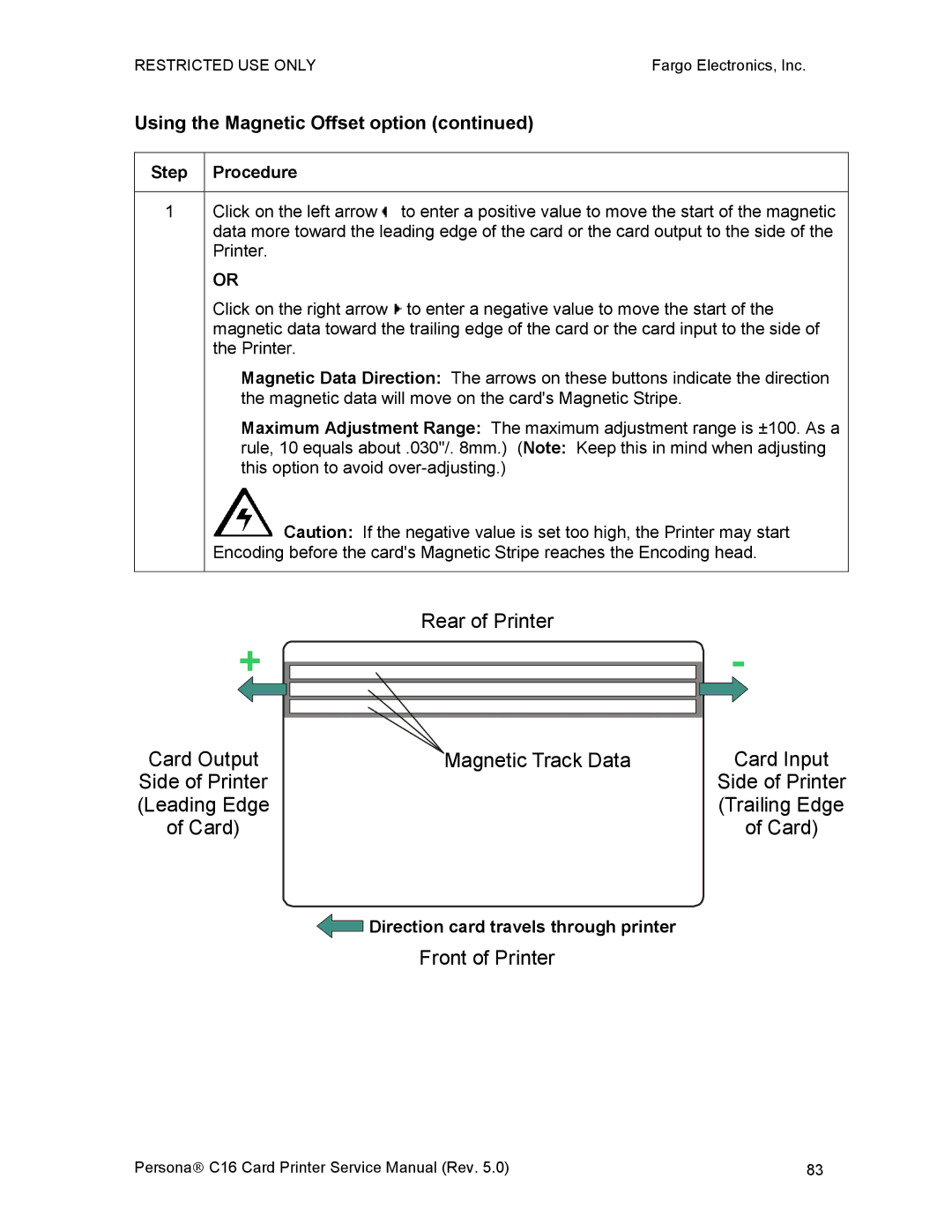 FARGO electronic C16 service manual Using the Magnetic Offset option, Direction card travels through printer 