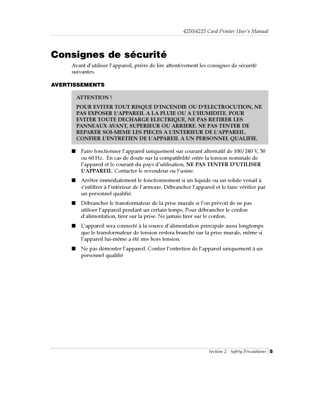 FARGO electronic Card Printer manual Consignes de sécurité 