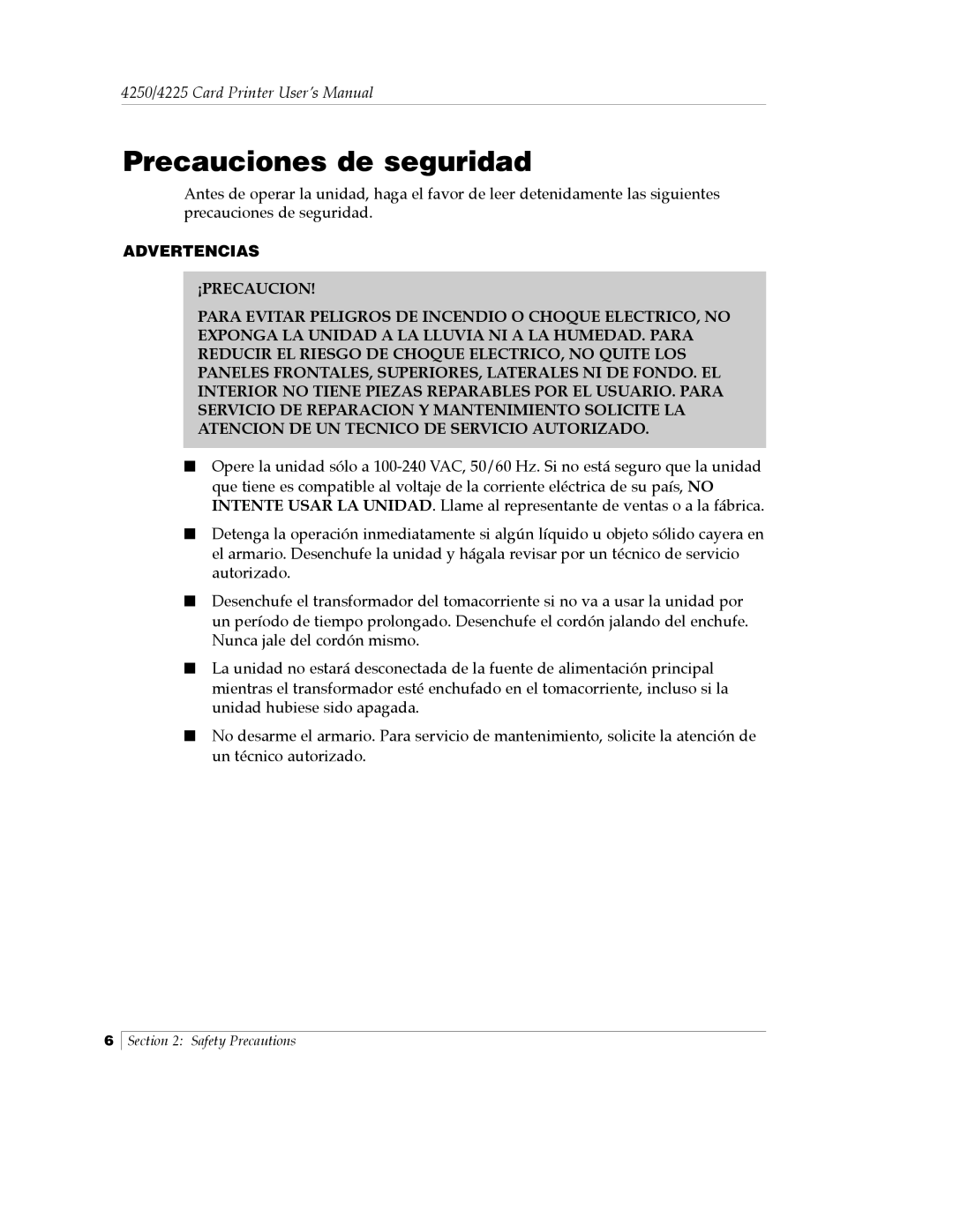 FARGO electronic Card Printer manual Precauciones de seguridad 