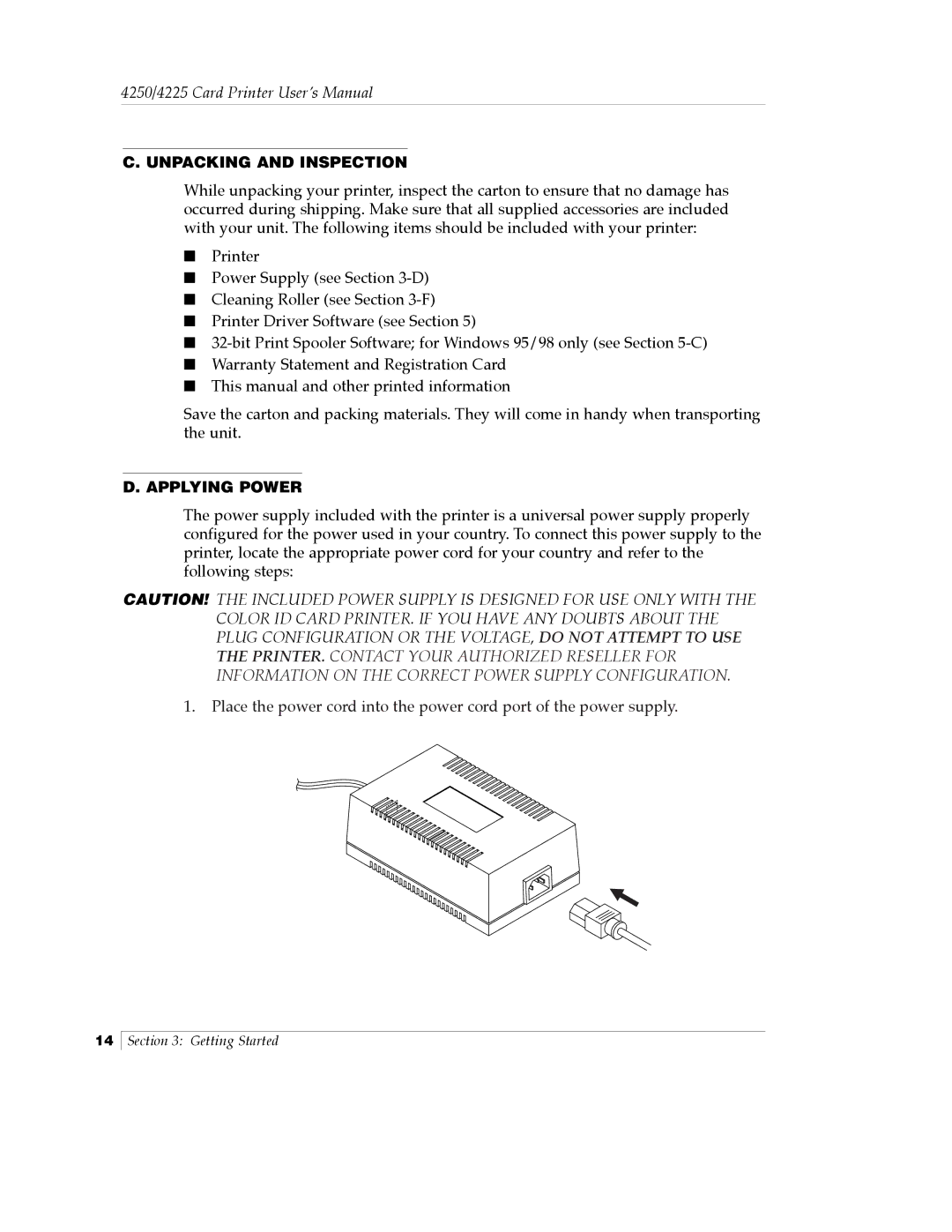 FARGO electronic Card Printer manual Unpacking and Inspection, Applying Power 