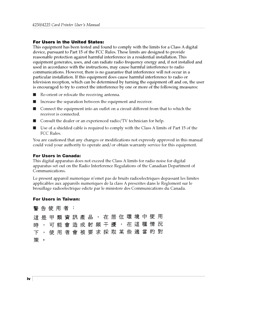 FARGO electronic Card Printer manual For Users in the United States, For Users in Canada, For Users in Taiwan 