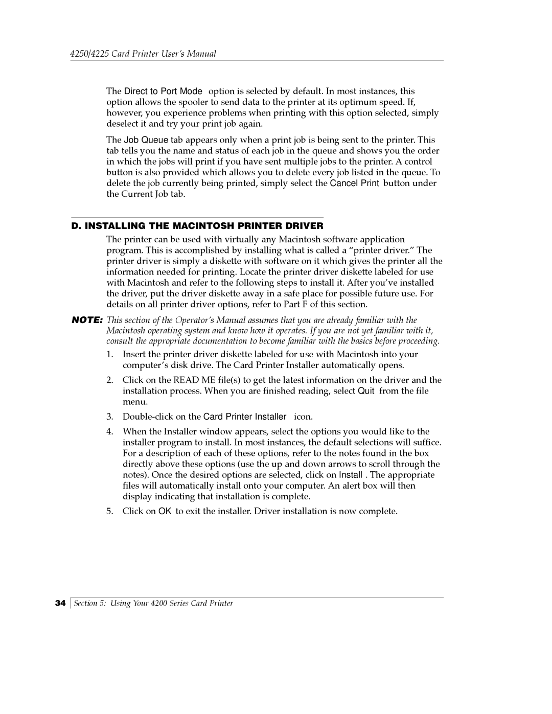 FARGO electronic Card Printer manual Installing the Macintosh Printer Driver 