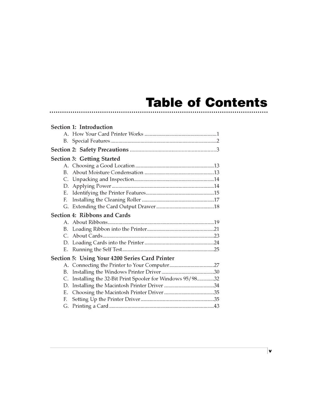 FARGO electronic Card Printer manual Table of Contents 