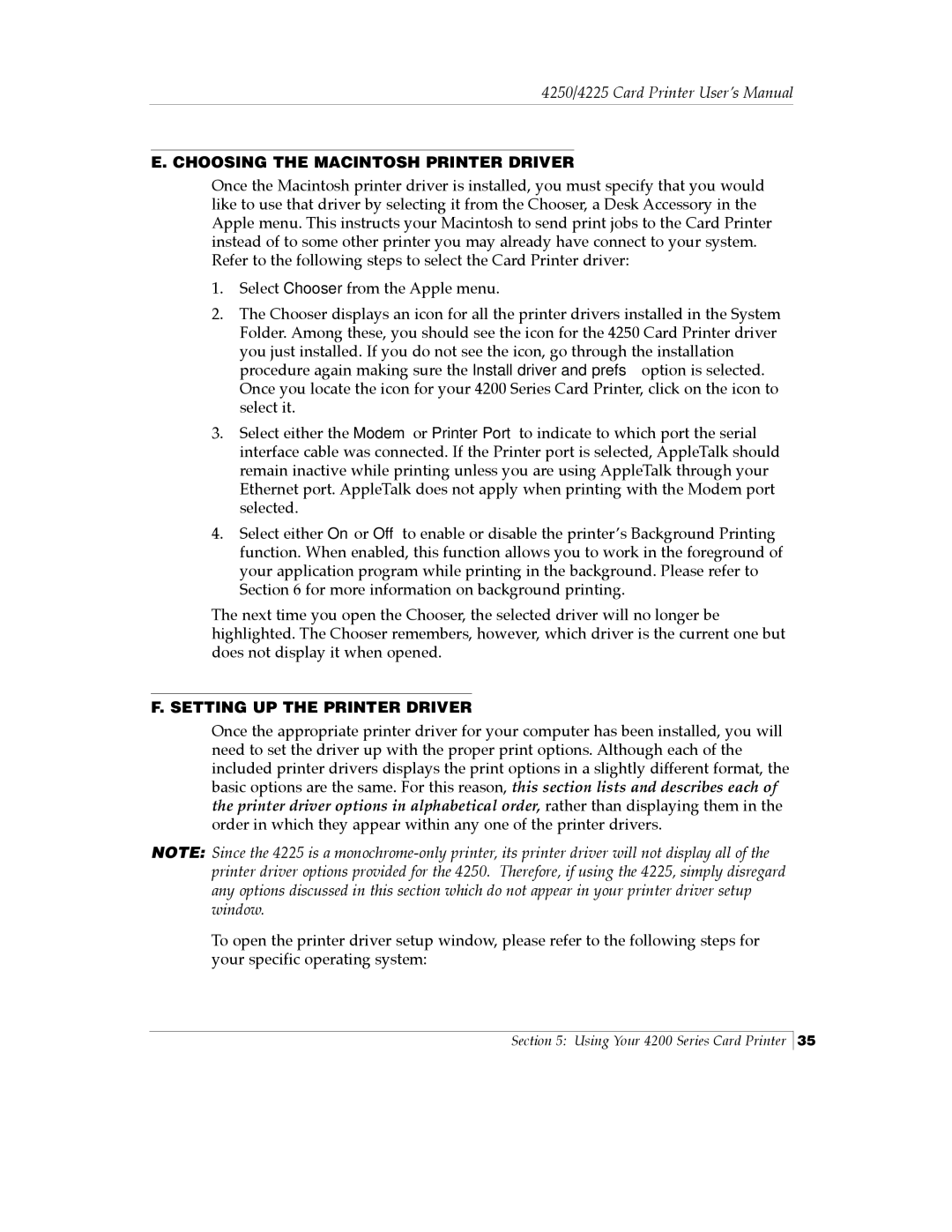 FARGO electronic Card Printer manual Choosing the Macintosh Printer Driver, Setting UP the Printer Driver 