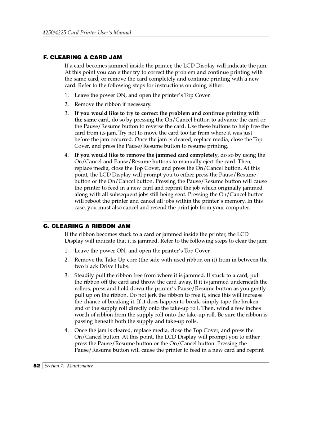 FARGO electronic Card Printer manual Clearing a Card JAM, Clearing a Ribbon JAM 