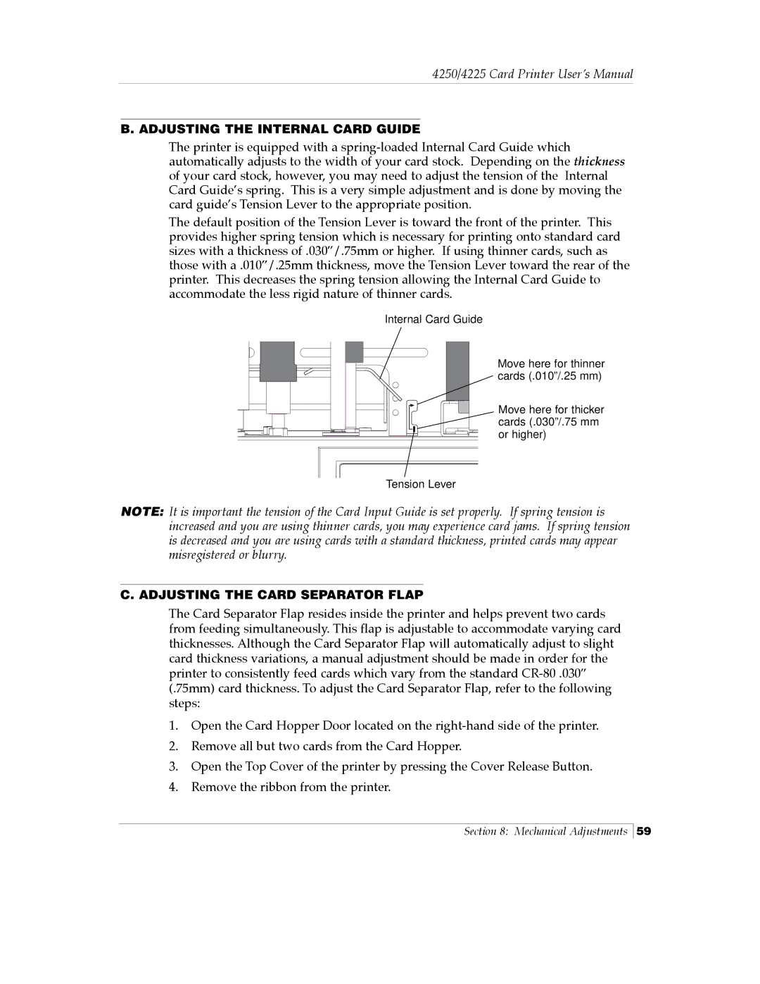 FARGO electronic Card Printer manual Adjusting the Internal Card Guide, Adjusting the Card Separator Flap 