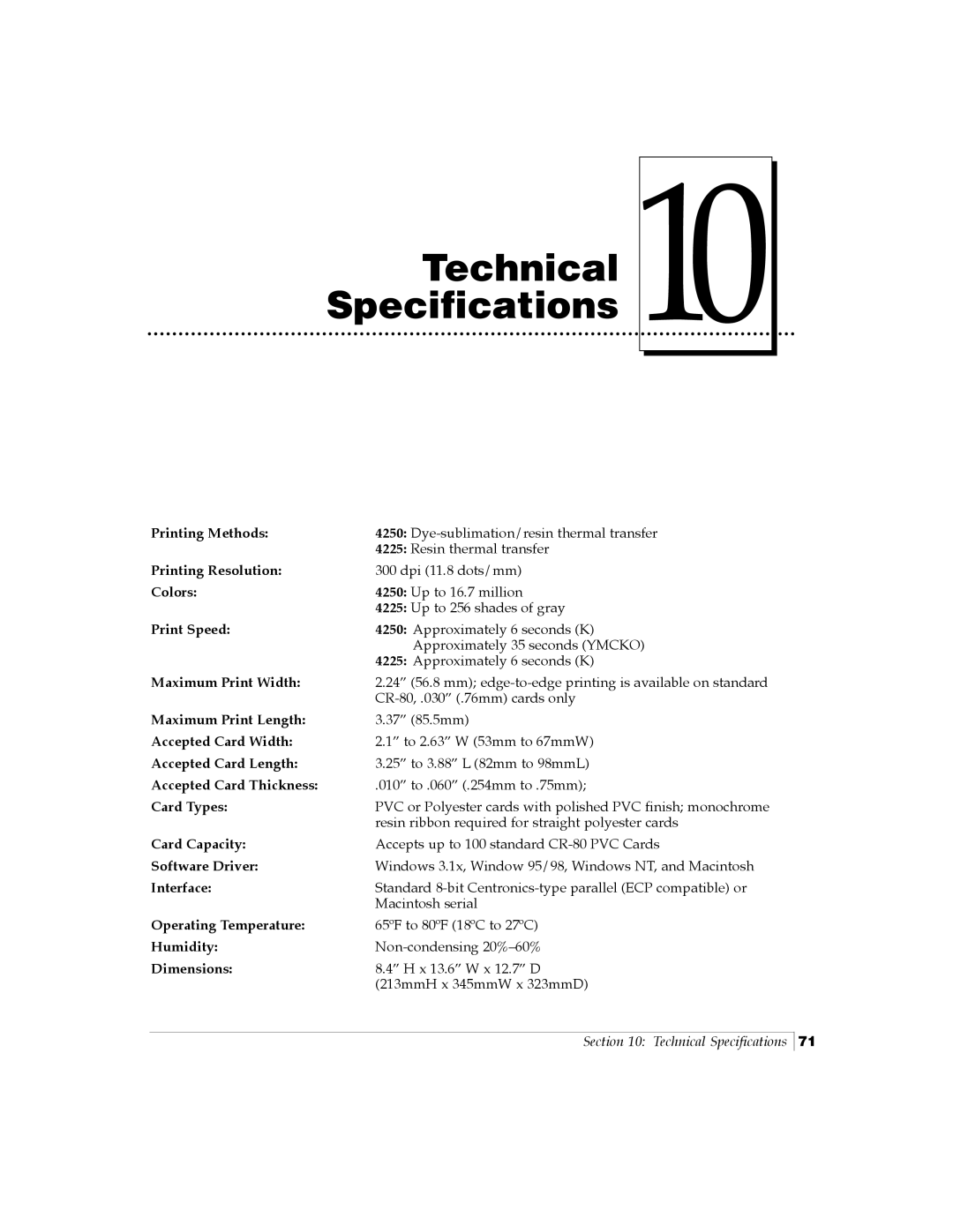 FARGO electronic Card Printer manual Technical Specifications, Card Types 