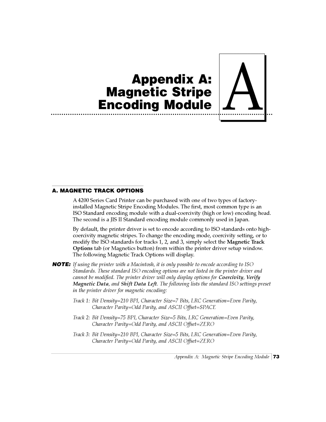 FARGO electronic Card Printer manual Appendix a Magnetic Stripe Encoding Module, Magnetic Track Options 