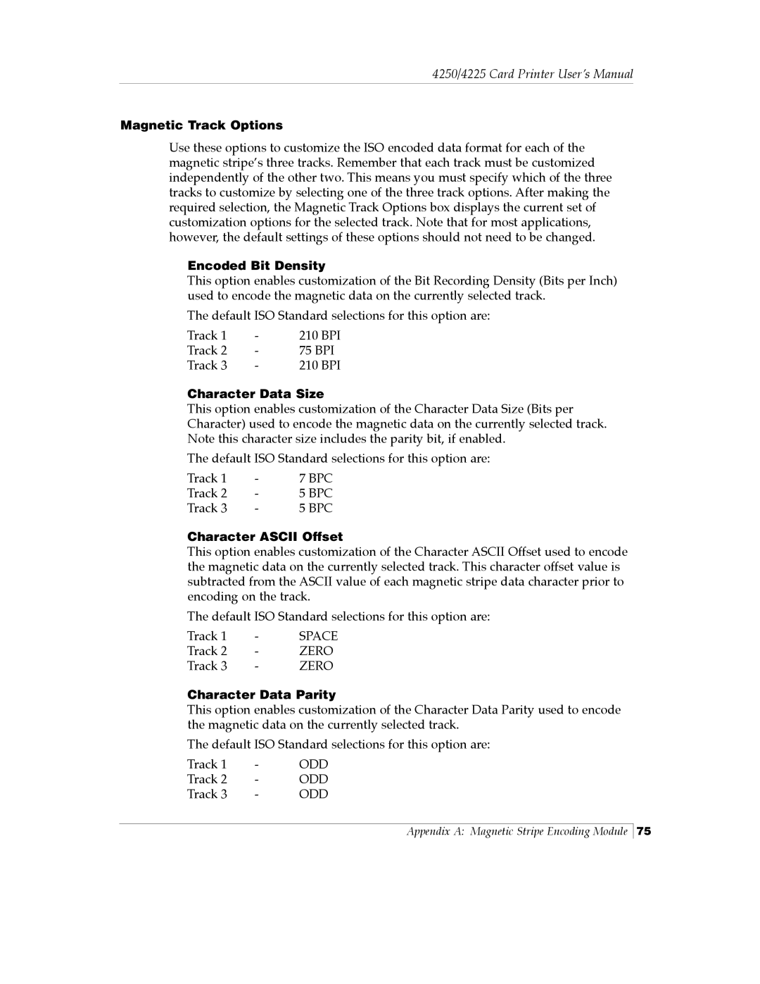 FARGO electronic Card Printer Magnetic Track Options, Encoded Bit Density, Character Data Size, Character Ascii Offset 