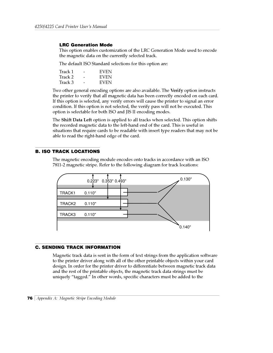 FARGO electronic Card Printer manual LRC Generation Mode, ISO Track Locations, Sending Track Information 