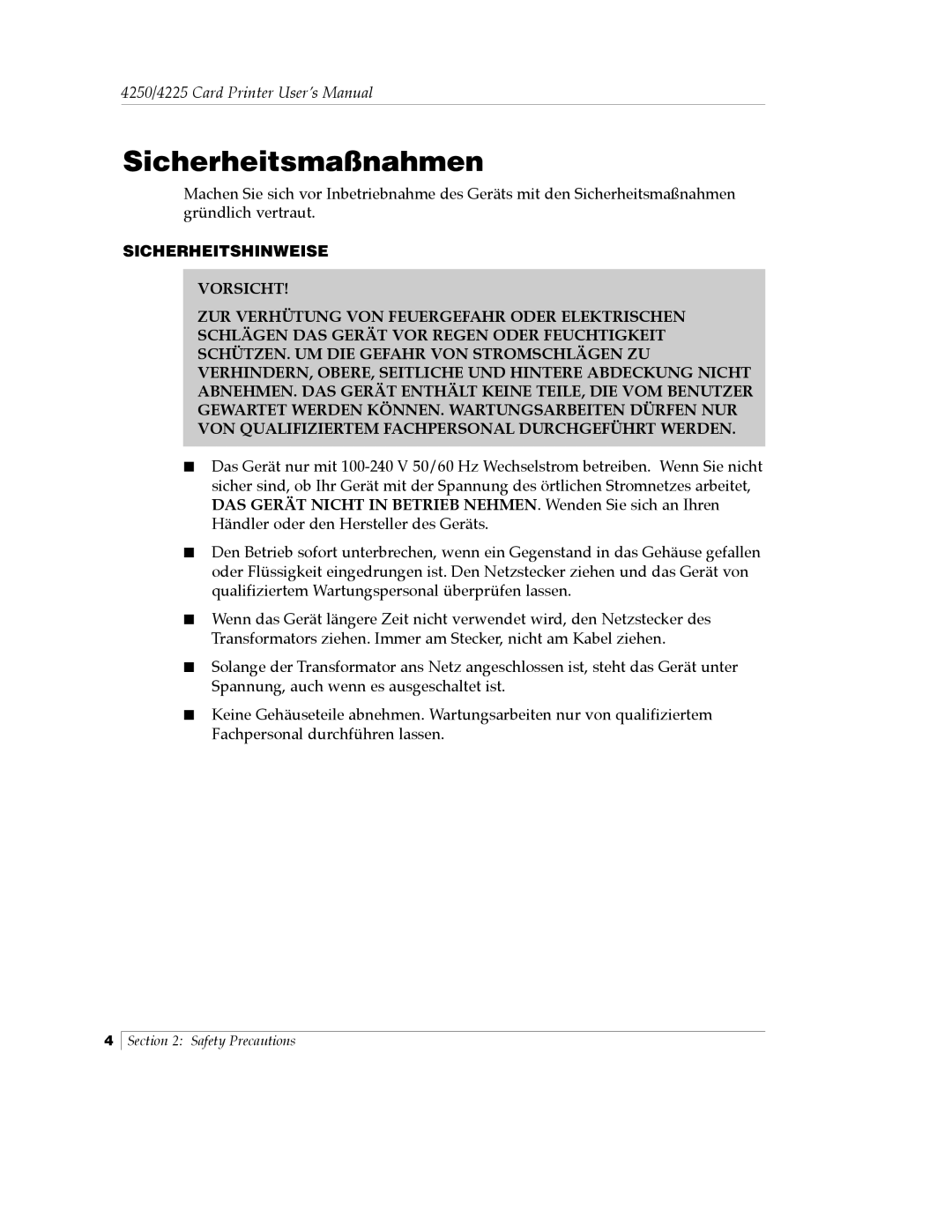 FARGO electronic Card Printer manual Sicherheitsmaßnahmen 