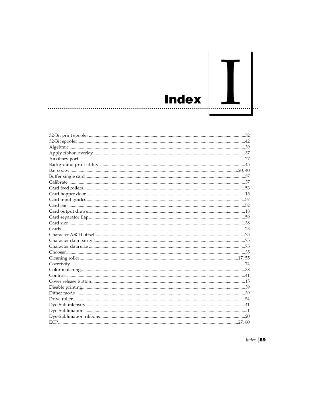 FARGO electronic Card Printer manual Index, Background print utility Bar codes 