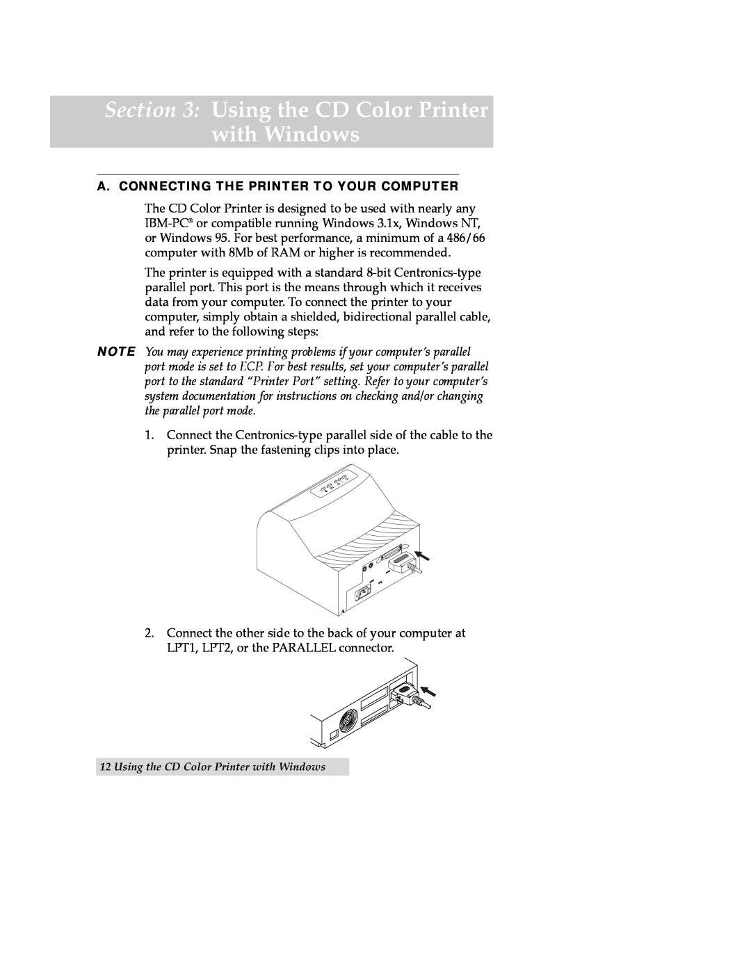 FARGO electronic manual A. Connecting The Printer To Your Computer, Using the CD Color Printer with Windows 