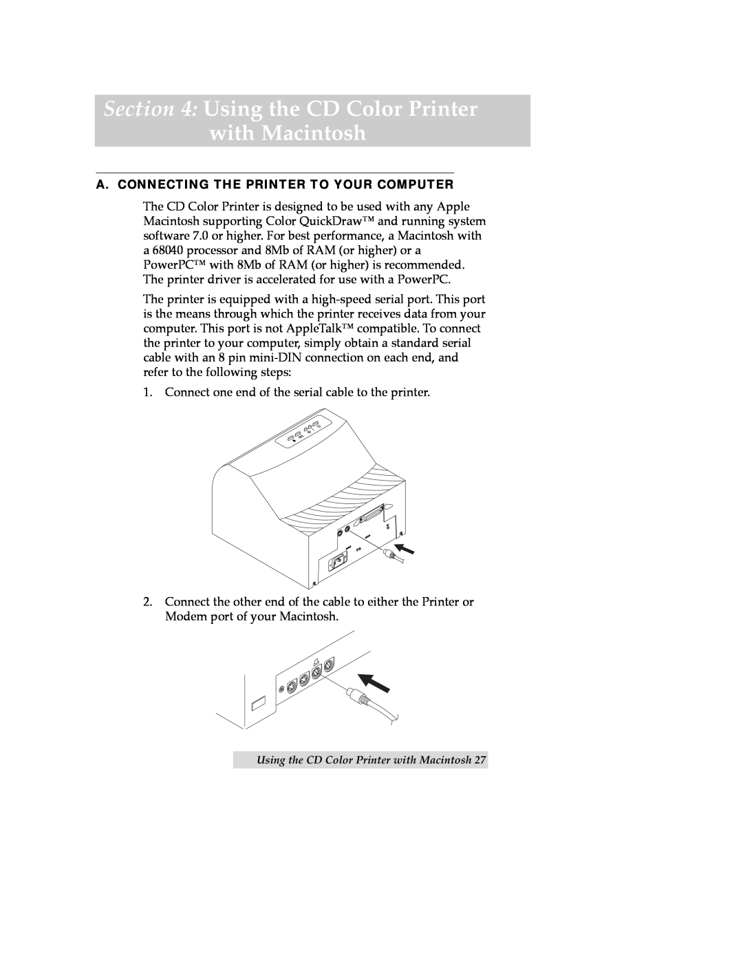 FARGO electronic manual Using the CD Color Printer, with Macintosh, A. Connecting The Printer To Your Computer 