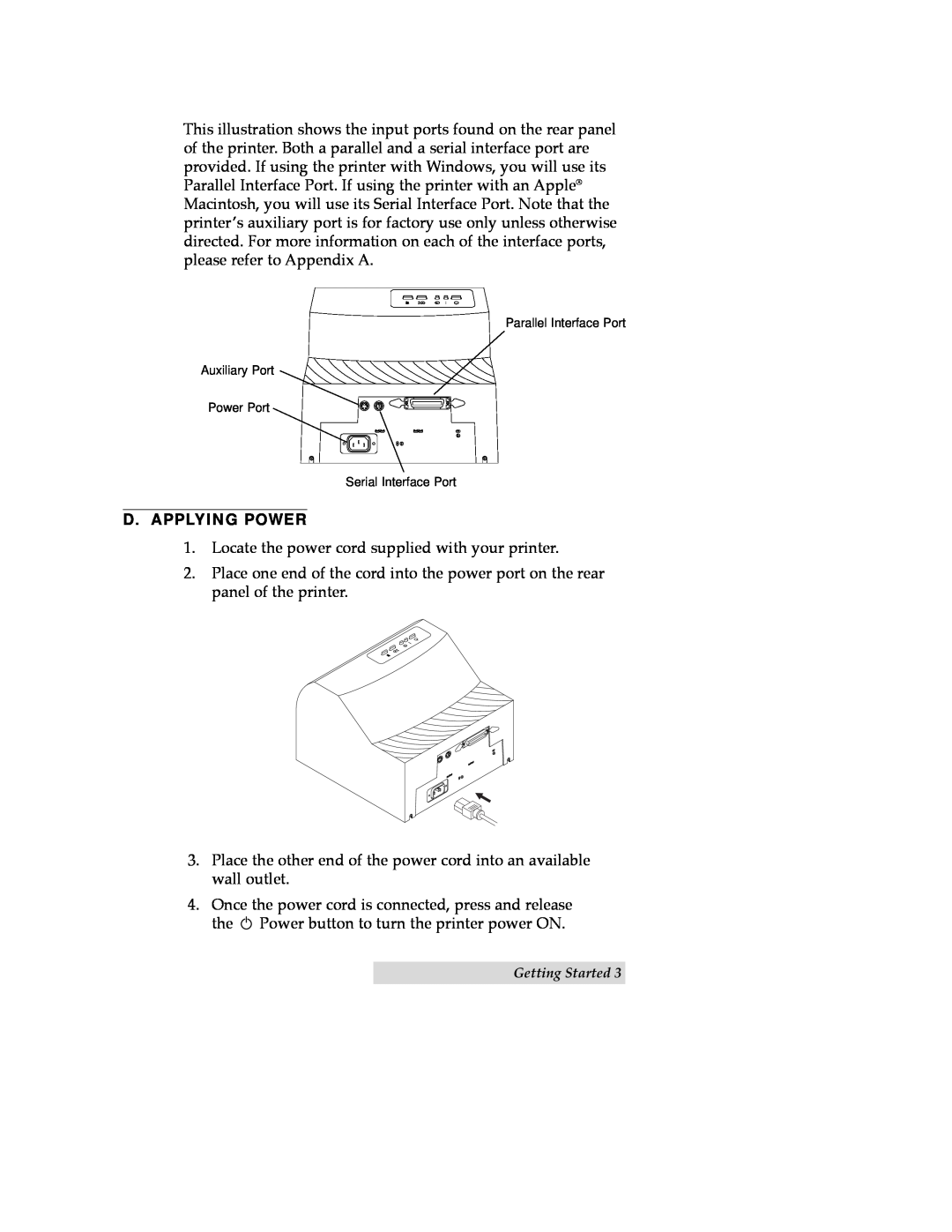 FARGO electronic CD Color Printer manual D.Applying Power, Parallel Interface Port Auxiliary Port Power Port 