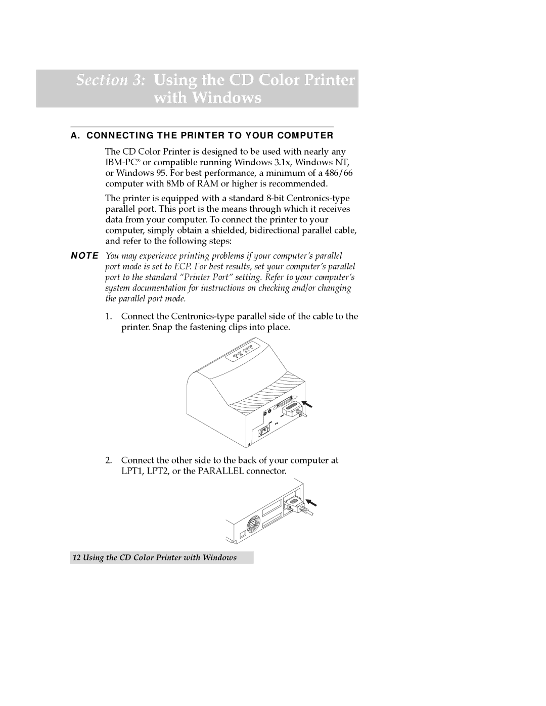 FARGO electronic manual Using the CD Color Printer with Windows, Connecting the Printer to Your Computer 