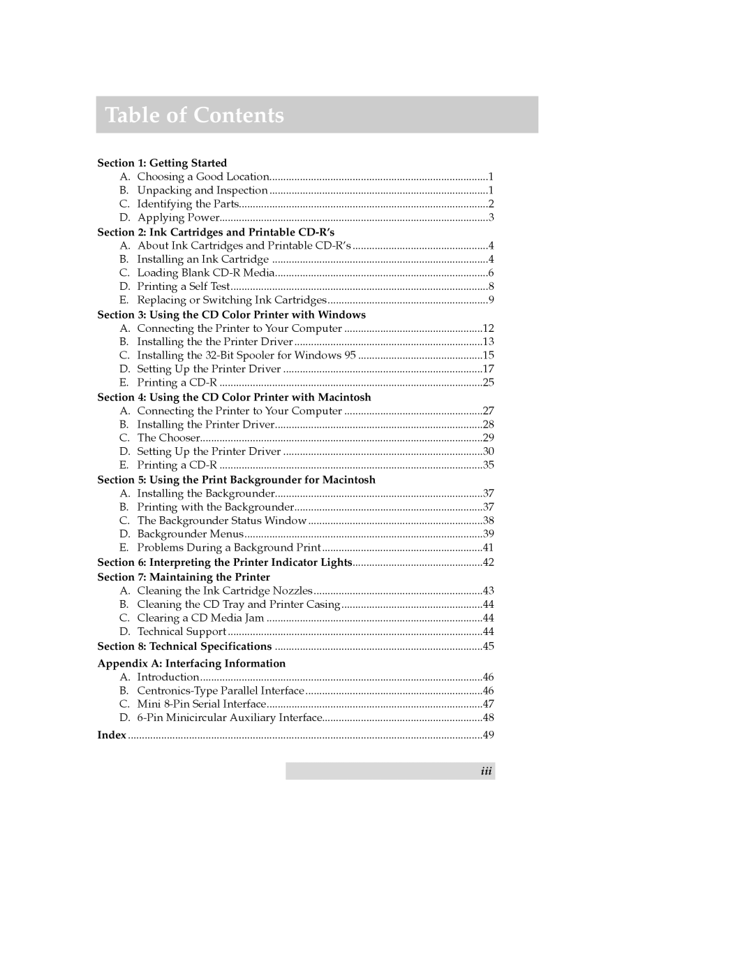 FARGO electronic CD Color Printer manual Table of Contents 