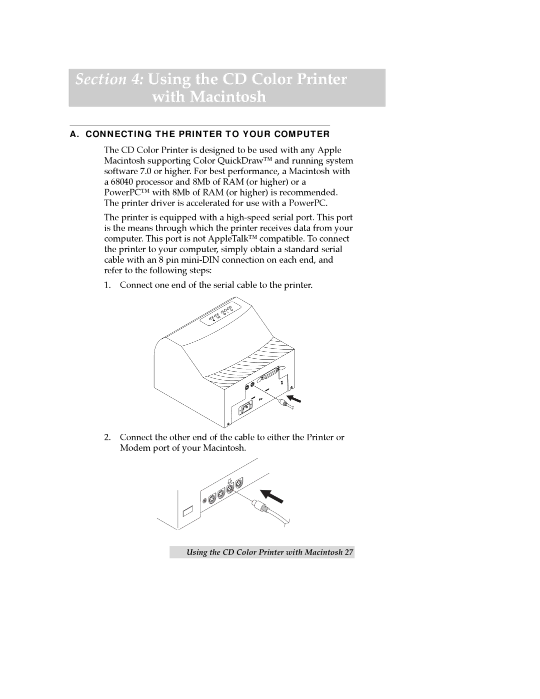 FARGO electronic manual Using the CD Color Printer With Macintosh, Connecting the Printer to Your Computer 