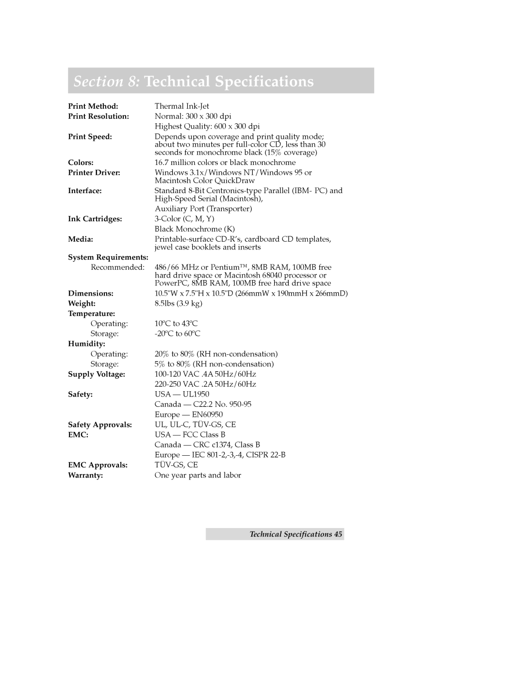 FARGO electronic CD Color Printer manual Technical Specifications, Print Speed 