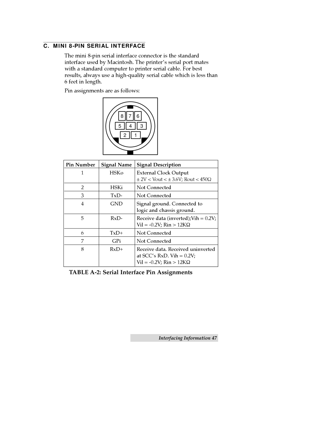 FARGO electronic CD Color Printer manual Mini 8-PIN Serial Interface, Pin Number Signal Name Signal Description 