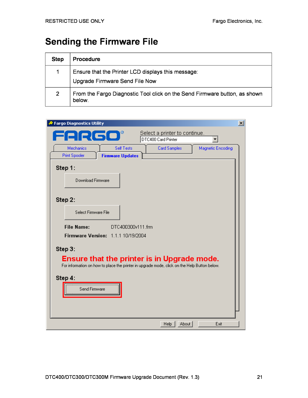 FARGO electronic DTC400, DTC300M manual Sending the Firmware File, Restricted Use Only, Fargo Electronics, Inc 